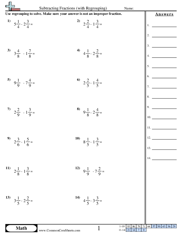 Subtracting Fractions (with regrouping) worksheet